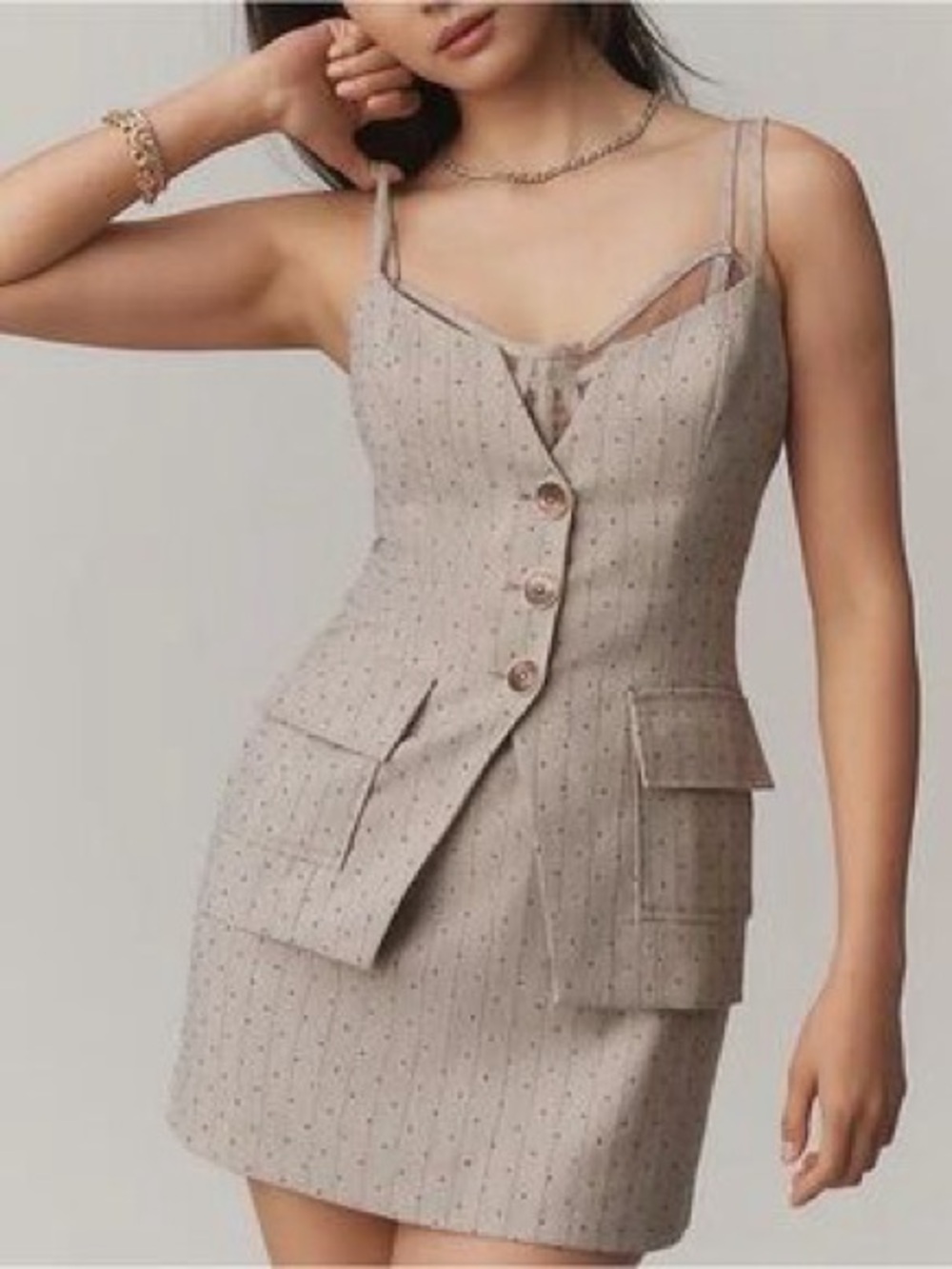 Anthropologie Beige Pinstripe Tailored Mini Dress